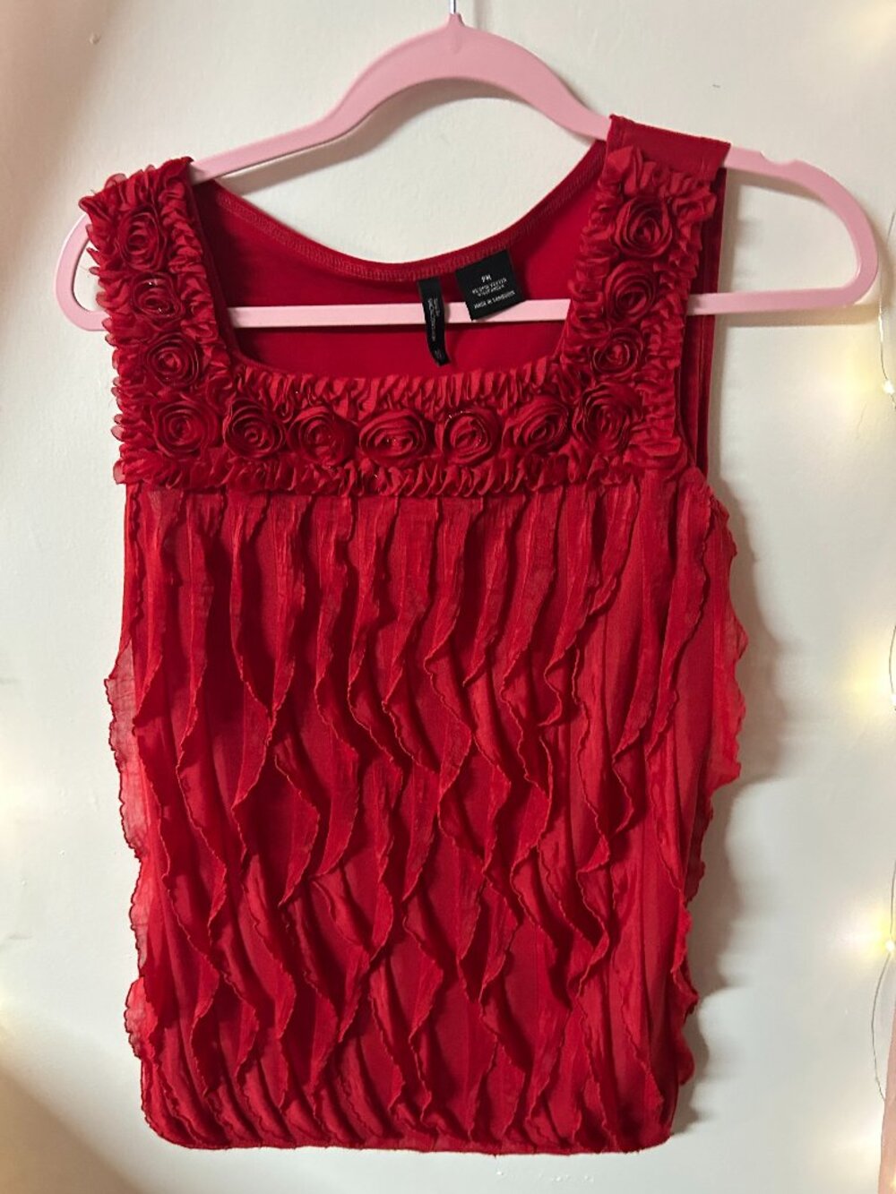 New Directions Petite PM Red Rosette Ruffle Sleeveless Blouse